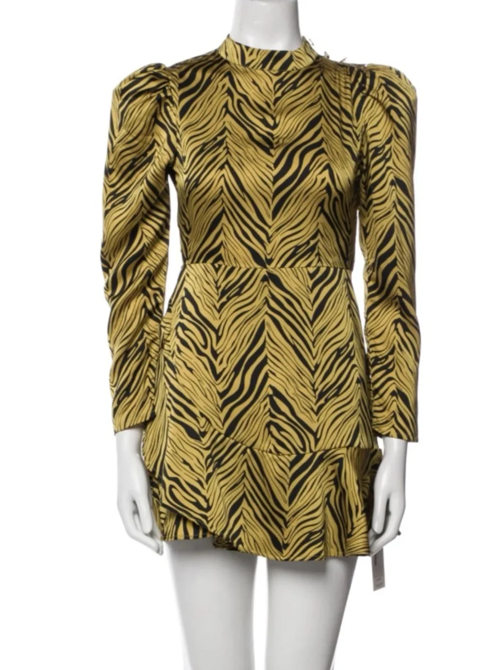 $349 Rahi Women's Yellow Black Puff-Sleeve Mock-Neck Ruffled Tiger Mini Dress M - Picture 9 of 10
